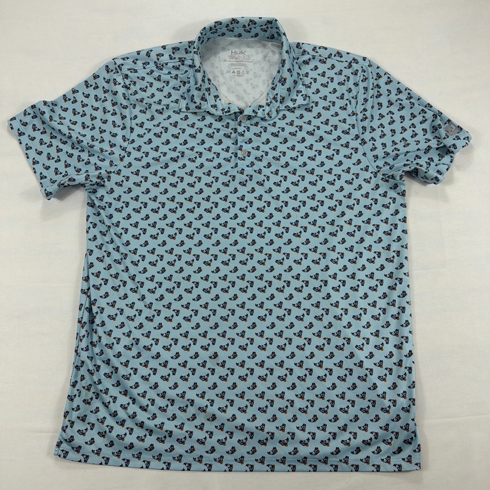 Huk Fishing Performance Polo Shirt Bass Fish Print Short Sleeve XL Light Blue